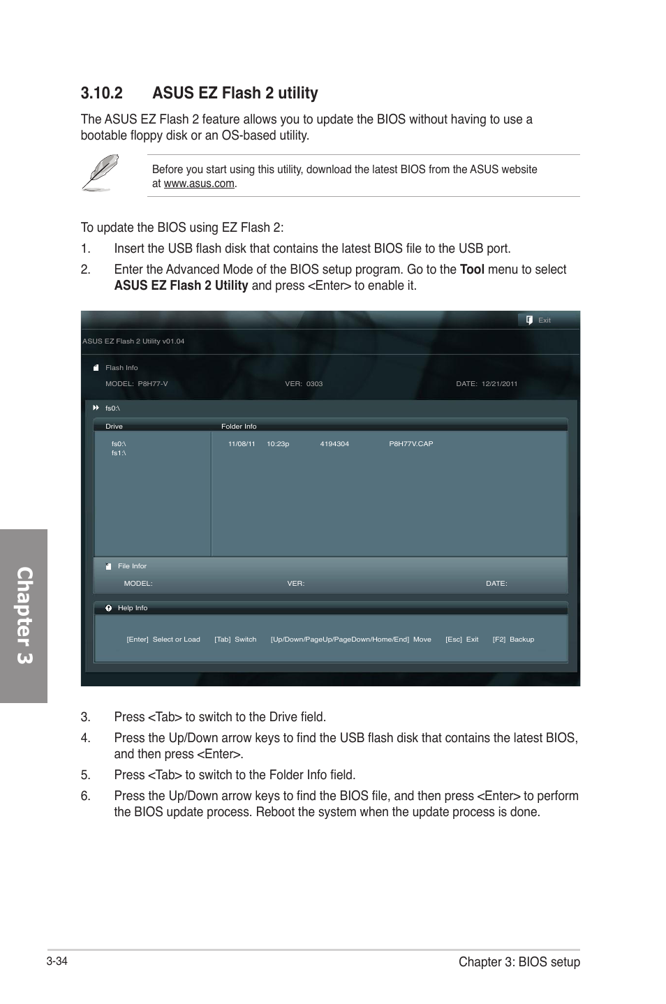 2 asus ez flash 2 utility, 2 asus ez flash 2 utility -34, Chapter 3 | Chapter 3: bios setup | Asus P8H77-V User Manual | Page 96 / 150