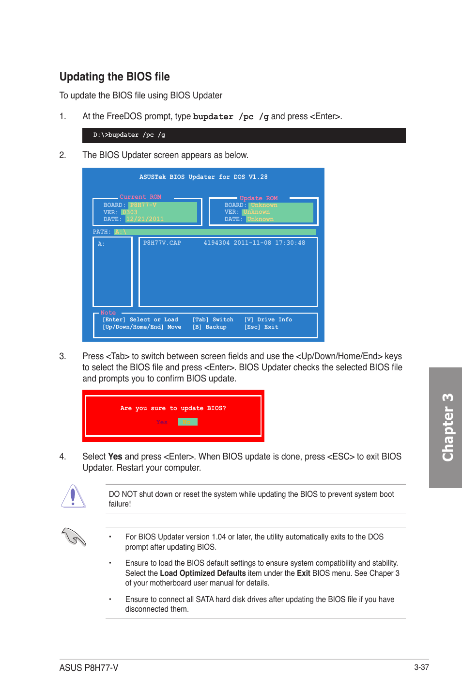 Chapter 3, Updating the bios file | Asus P8H77-V User Manual | Page 99 / 150