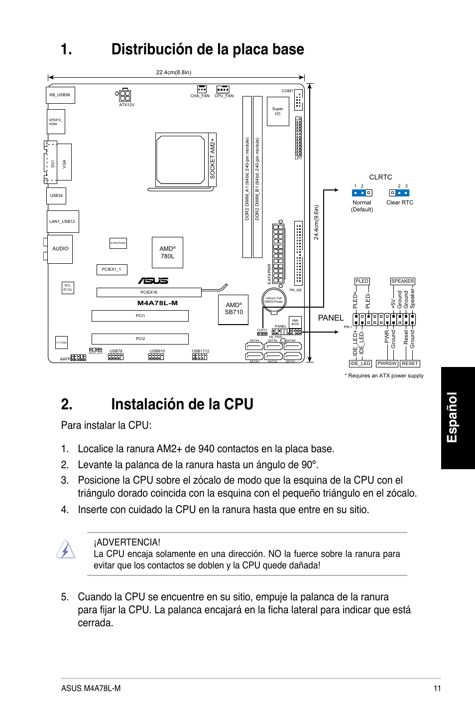 Español, Panel | Asus M4A78L-M User Manual | Page 11 / 41