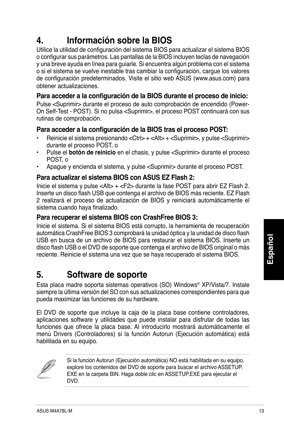 Información sobre la bios, Software de soporte, Español | Asus M4A78L-M User Manual | Page 13 / 41