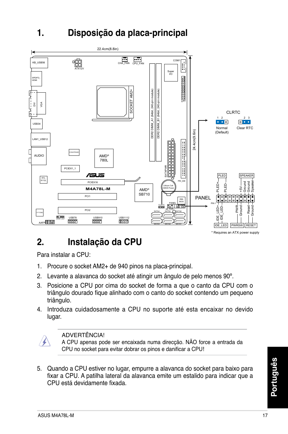 Disposição da placa-principal 2. instalação da cpu, Português, Panel | Asus M4A78L-M User Manual | Page 17 / 41