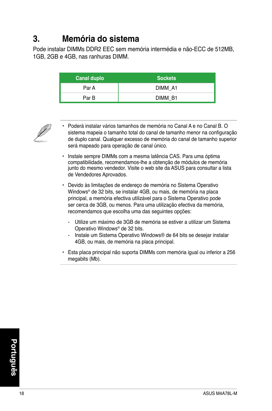 Memória do sistema, Português | Asus M4A78L-M User Manual | Page 18 / 41