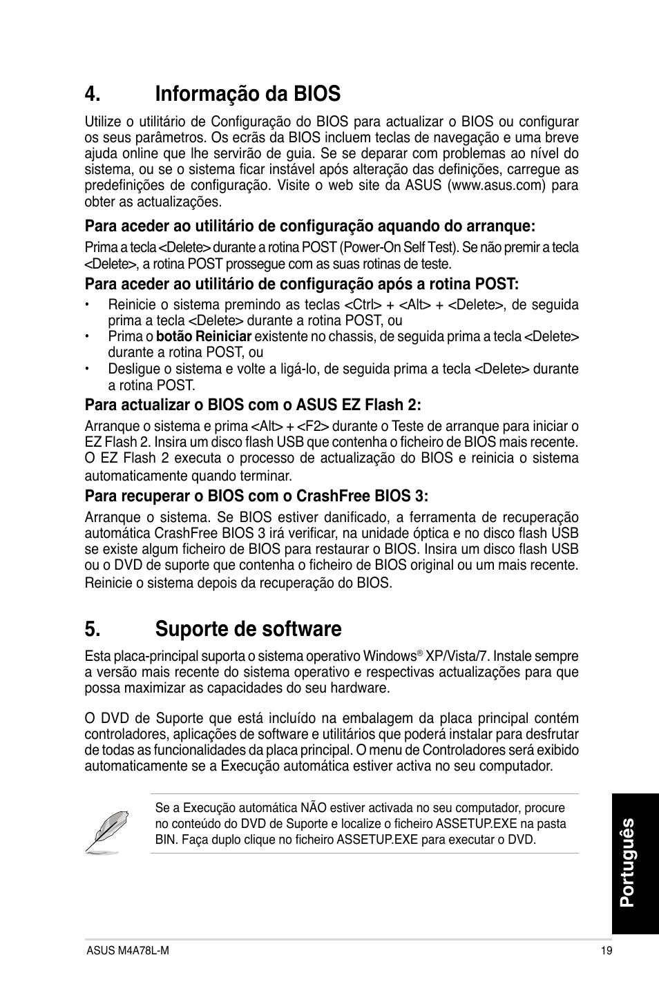 Informação da bios, Suporte de software, Português | Asus M4A78L-M User Manual | Page 19 / 41