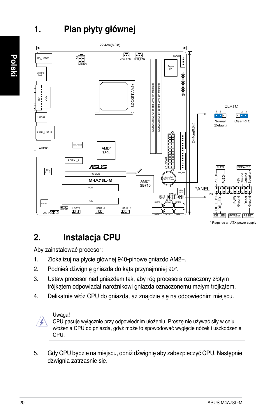 Instalacja cpu, Plan płyty głównej, Polski | Panel | Asus M4A78L-M User Manual | Page 20 / 41