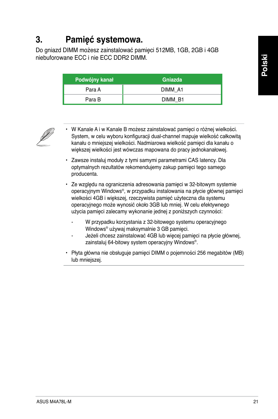 Pamięć systemowa, Polski | Asus M4A78L-M User Manual | Page 21 / 41