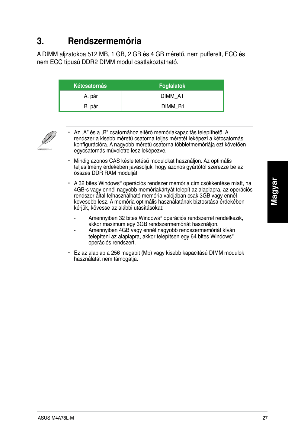 Rendszermemória, Magyar | Asus M4A78L-M User Manual | Page 27 / 41