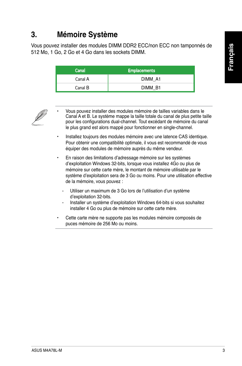 Mémoire système, Français | Asus M4A78L-M User Manual | Page 3 / 41