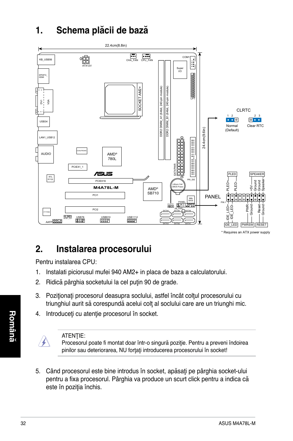 Schema plăcii de bază 2. instalarea procesorului, Română, 2 asus m4a78l-m | Panel | Asus M4A78L-M User Manual | Page 32 / 41