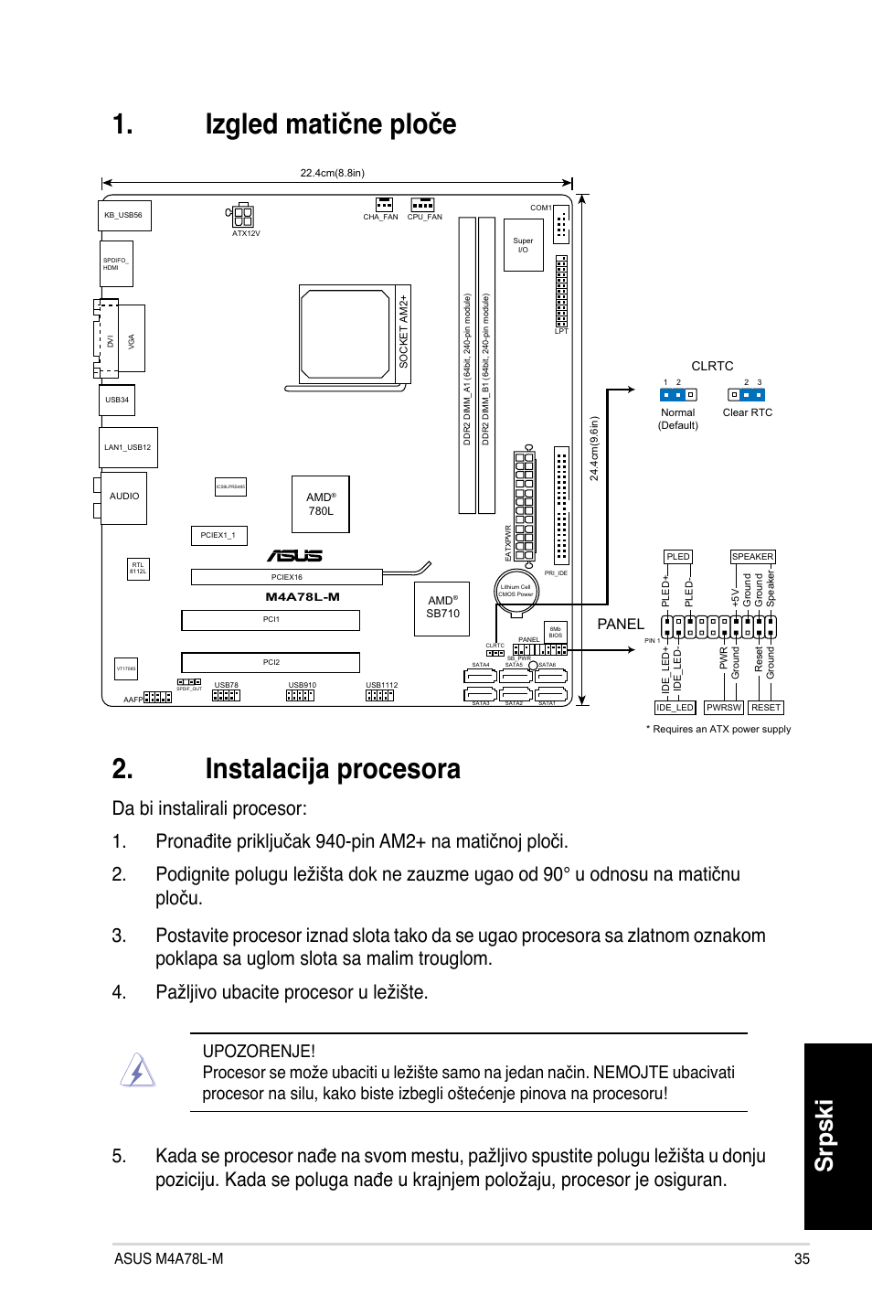 Izgled matične ploče 2. instalacija procesora, Srpski, Asus m4a78l-m | Panel | Asus M4A78L-M User Manual | Page 35 / 41