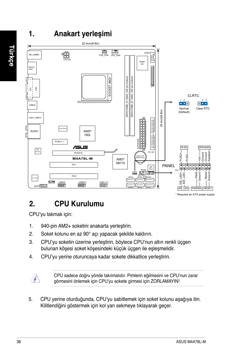 Anakart yerleşimi 2. cpu kurulumu, Türkçe, Panel | Asus M4A78L-M User Manual | Page 38 / 41