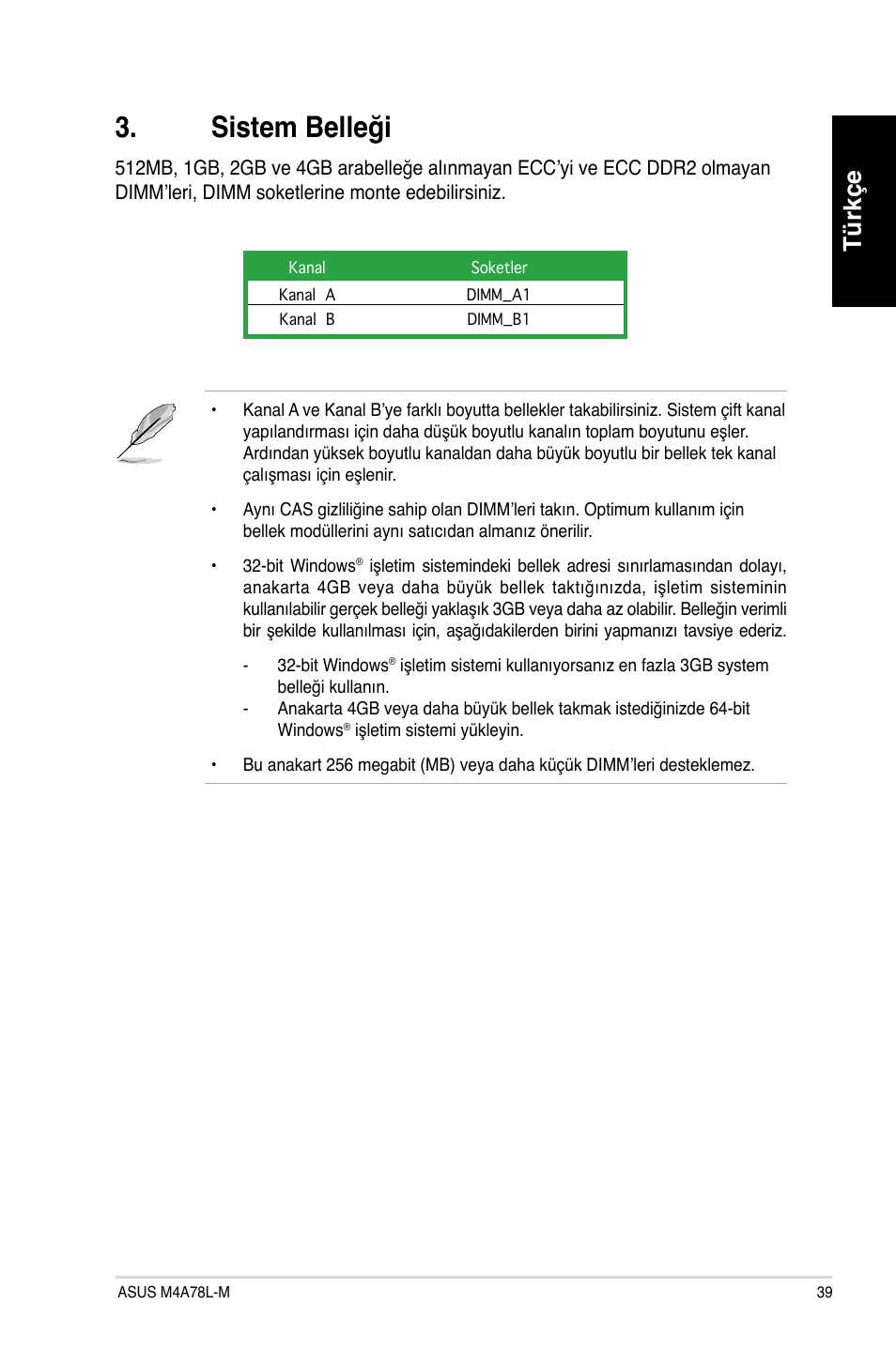 Sistem belleği, Türkçe | Asus M4A78L-M User Manual | Page 39 / 41