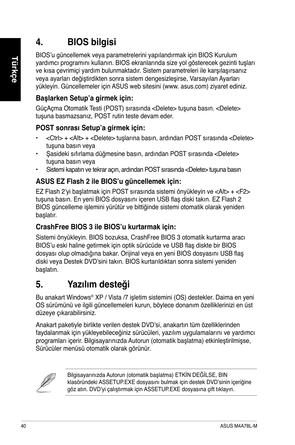 Bios bilgisi, Yazılım desteği, Türkçe | Asus M4A78L-M User Manual | Page 40 / 41