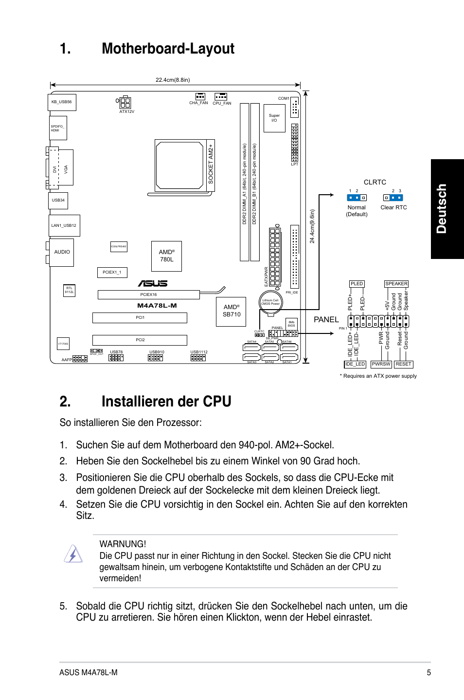 Motherboard-layout 2. installieren der cpu, Deutsch, Asus m4a78l-m | Panel | Asus M4A78L-M User Manual | Page 5 / 41