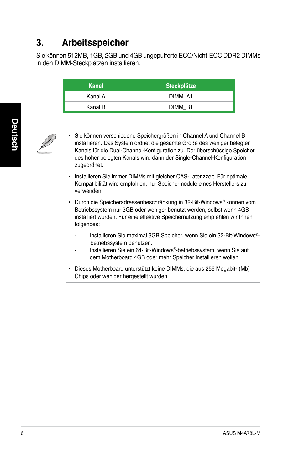 Arbeitsspeicher, Deutsch | Asus M4A78L-M User Manual | Page 6 / 41