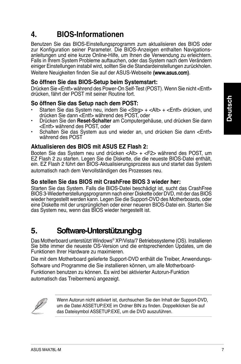 Bios-informationen, Software-unterstützungbg, Deutsch | Asus M4A78L-M User Manual | Page 7 / 41