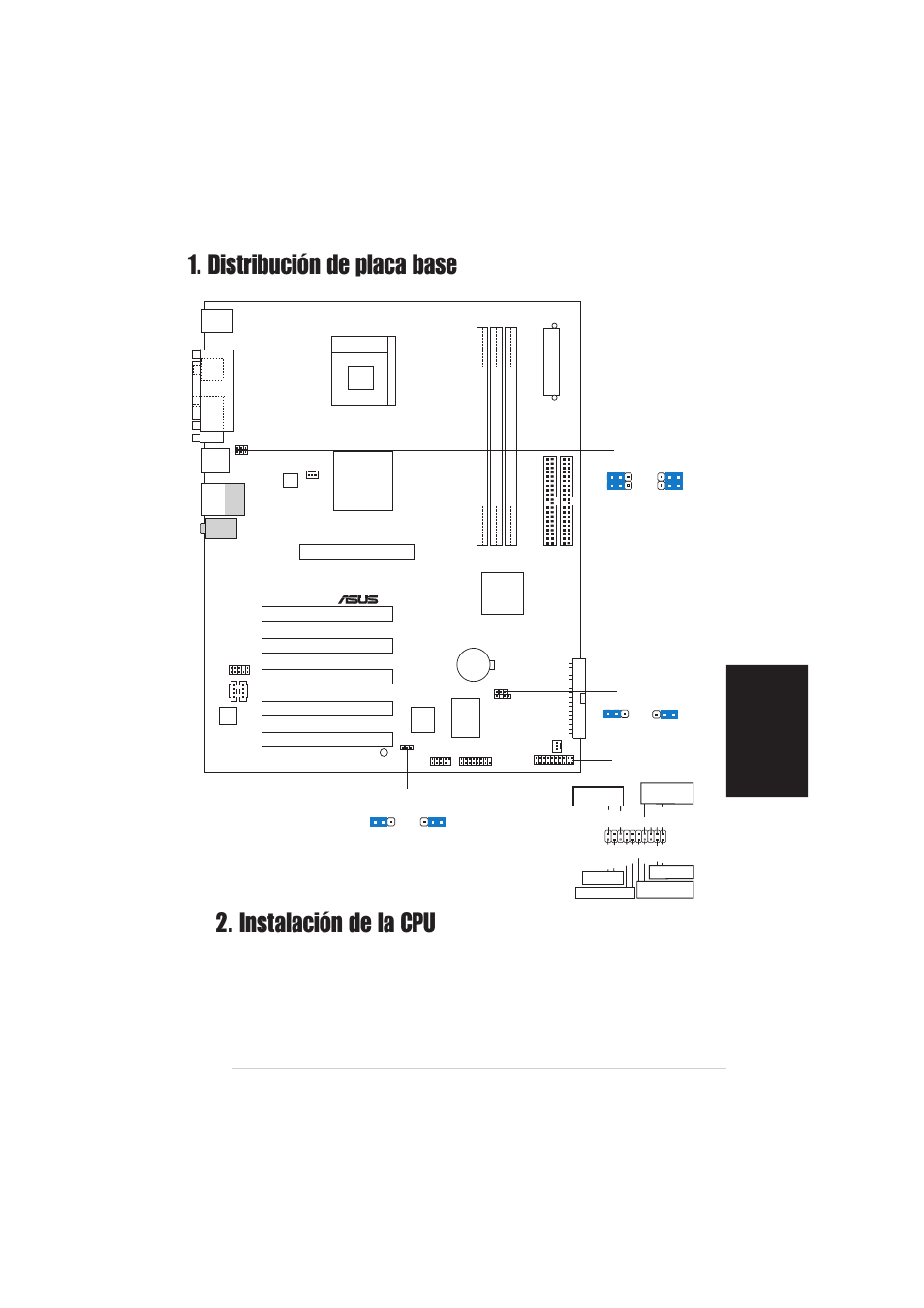 Distribución de placa base, Instalación de la cpu, Espa ñ ol | Placa base asus p4s800-x, Sis 648fx chip, Pci1, Pci2 pci3 pci4 pci5, Panel | Asus P4S800-X User Manual | Page 11 / 16