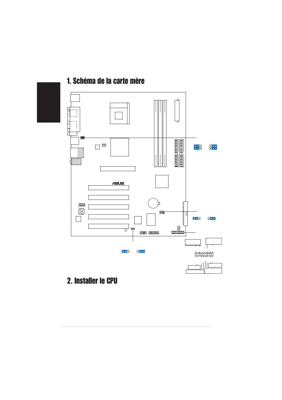 Installer le cpu, Schéma de la carte mère, Français | Carte mère asus p4s800-x, Sis 648fx chip, Pci1, Pci2 pci3 pci4 pci5, Panel | Asus P4S800-X User Manual | Page 2 / 16