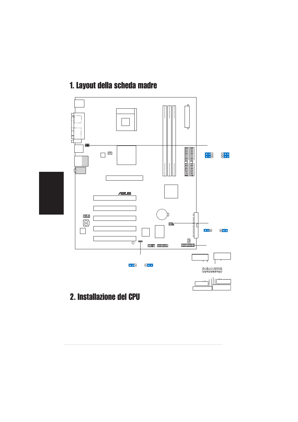 Installazione del cpu, Layout della scheda madre, Italiano | Scheda madre asus p4s800-x, Sis 648fx chip, Pci1, Pci2 pci3 pci4 pci5, Panel | Asus P4S800-X User Manual | Page 8 / 16