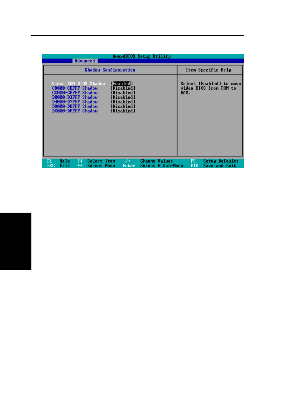 Bios setup, 4 shadow configuration | Asus P4T-M User Manual | Page 60 / 88