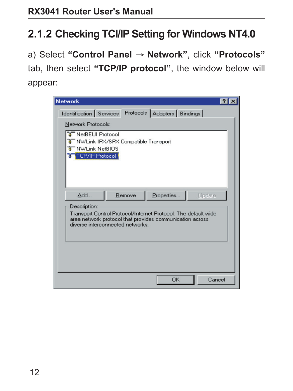 2 checking tci/ip setting for windows nt4.0 | Asus RX3041 User Manual | Page 13 / 63