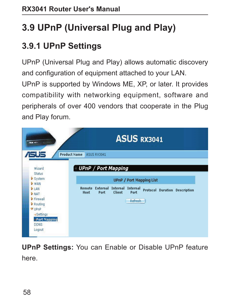 9 upnp (universal plug and play), 1 upnp settings | Asus RX3041 User Manual | Page 59 / 63