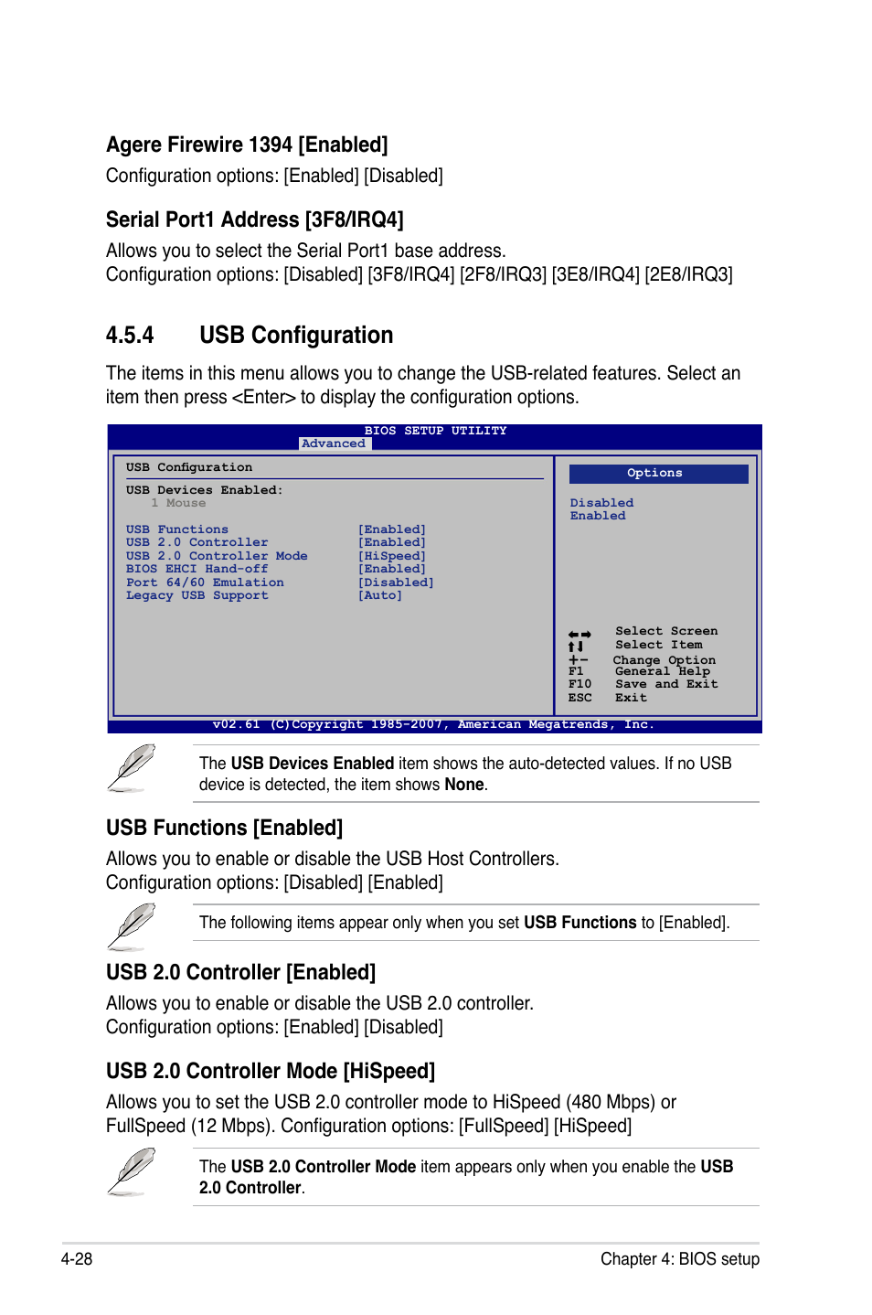 4 usb configuration, Usb configuration -28, Usb functions [enabled | Usb 2.0 controller [enabled, Usb 2.0 controller mode [hispeed, Agere firewire 1394 [enabled, Serial port1 address [3f8/irq4, Configuration options: [enabled] [disabled | Asus P5E3 Premium/WiFi-AP@n User Manual | Page 100 / 200