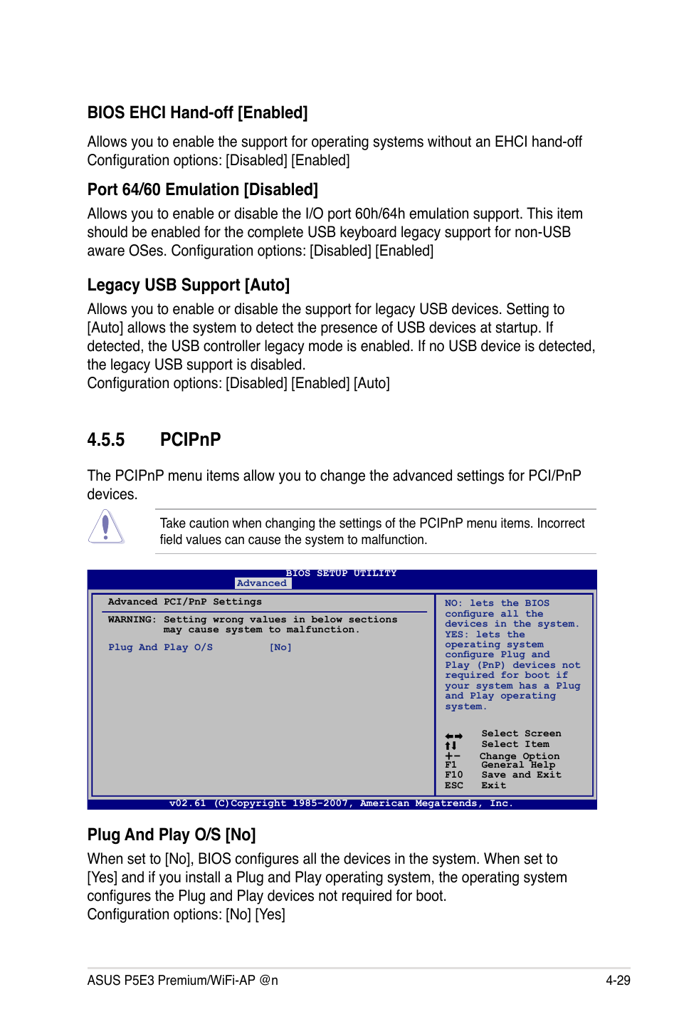 5 pcipnp, Pcipnp -29, Plug and play o/s [no | Bios ehci hand-off [enabled, Port 64/60 emulation [disabled, Legacy usb support [auto | Asus P5E3 Premium/WiFi-AP@n User Manual | Page 101 / 200