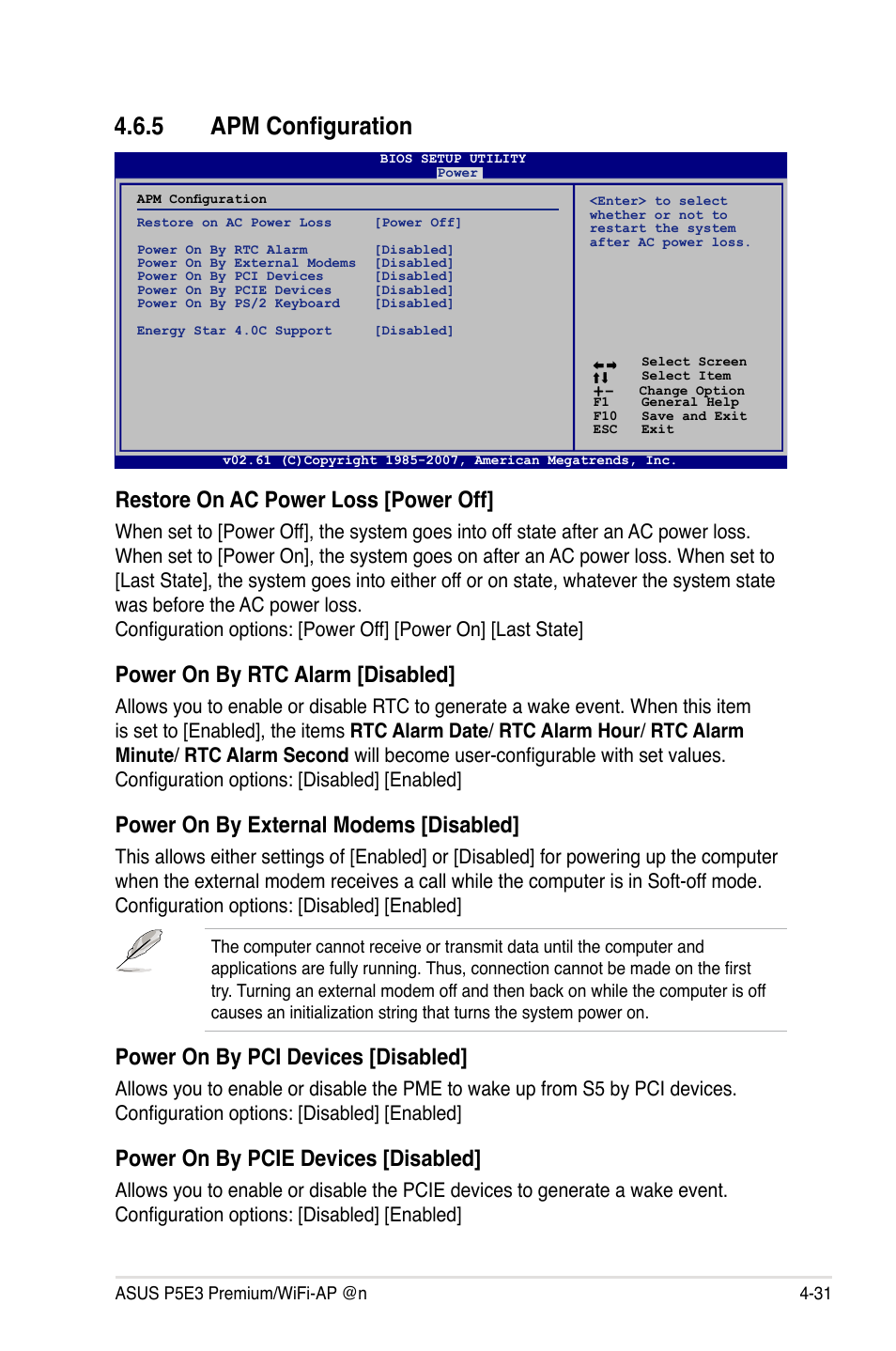 5 apm configuration, Apm configuration -31, Restore on ac power loss [power off | Power on by rtc alarm [disabled, Power on by external modems [disabled, Power on by pci devices [disabled, Power on by pcie devices [disabled | Asus P5E3 Premium/WiFi-AP@n User Manual | Page 103 / 200