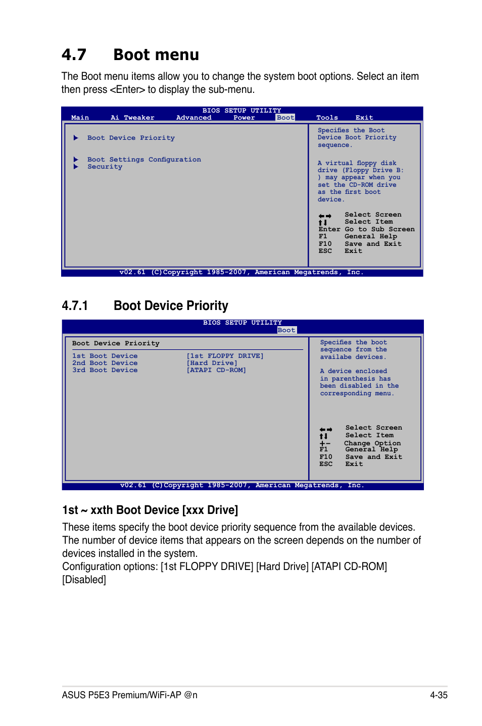 7 boot menu, 1 boot device priority, Boot menu -35 4.7.1 | Boot device priority -35, 1st ~ xxth boot device [xxx drive | Asus P5E3 Premium/WiFi-AP@n User Manual | Page 107 / 200