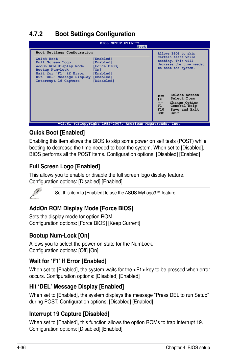 2 boot settings configuration, Boot settings configuration -36, Quick boot [enabled | Full screen logo [enabled, Addon rom display mode [force bios, Bootup num-lock [on, Wait for ‘f1’ if error [enabled, Hit ‘del’ message display [enabled, Interrupt 19 capture [disabled | Asus P5E3 Premium/WiFi-AP@n User Manual | Page 108 / 200