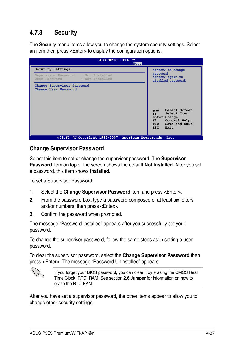 3 security, Security -37, Change supervisor password | Asus P5E3 Premium/WiFi-AP@n User Manual | Page 109 / 200