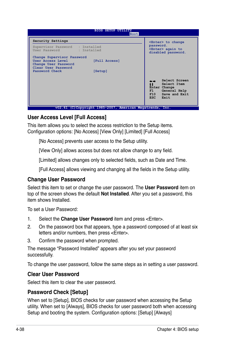 User access level [full access, Change user password, Clear user password | Password check [setup, Select this item to clear the user password | Asus P5E3 Premium/WiFi-AP@n User Manual | Page 110 / 200