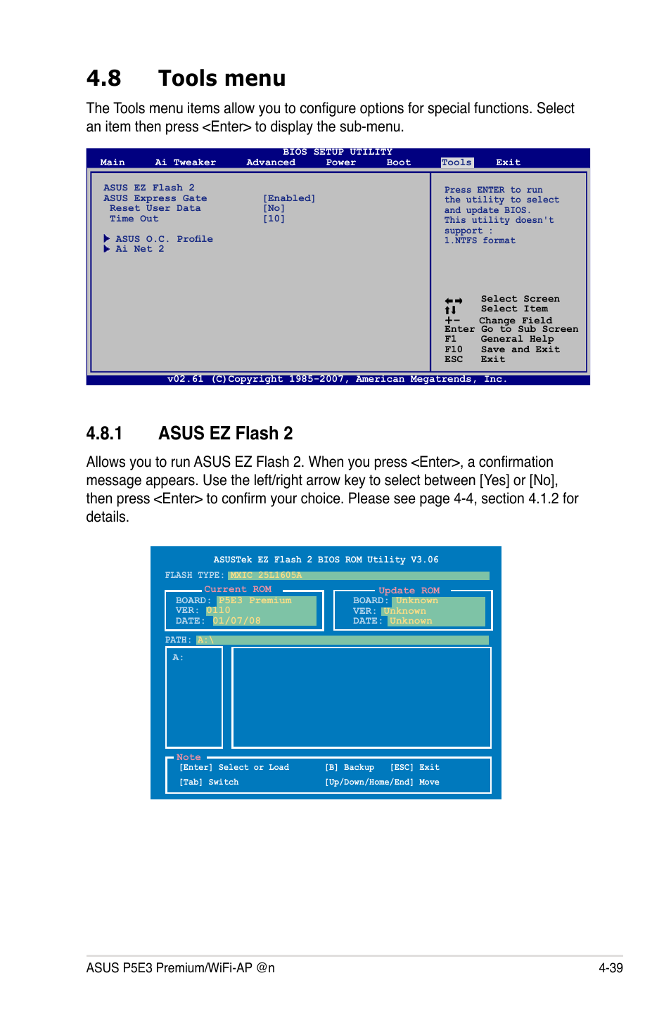 8 tools menu, 1 asus ez flash 2, Tools menu -39 4.8.1 | Asus ez flash 2 -39 | Asus P5E3 Premium/WiFi-AP@n User Manual | Page 111 / 200