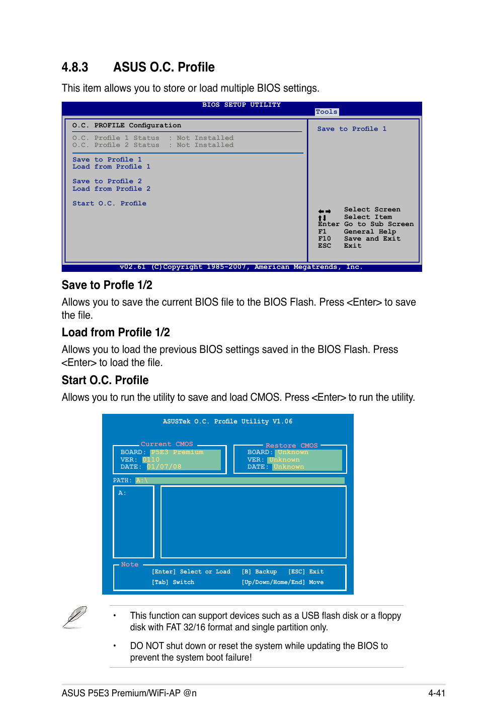 3 asus o.c. profile, Asus o.c. profile -41, Save to profle 1/2 | Load from profile 1/2, Start o.c. profile | Asus P5E3 Premium/WiFi-AP@n User Manual | Page 113 / 200