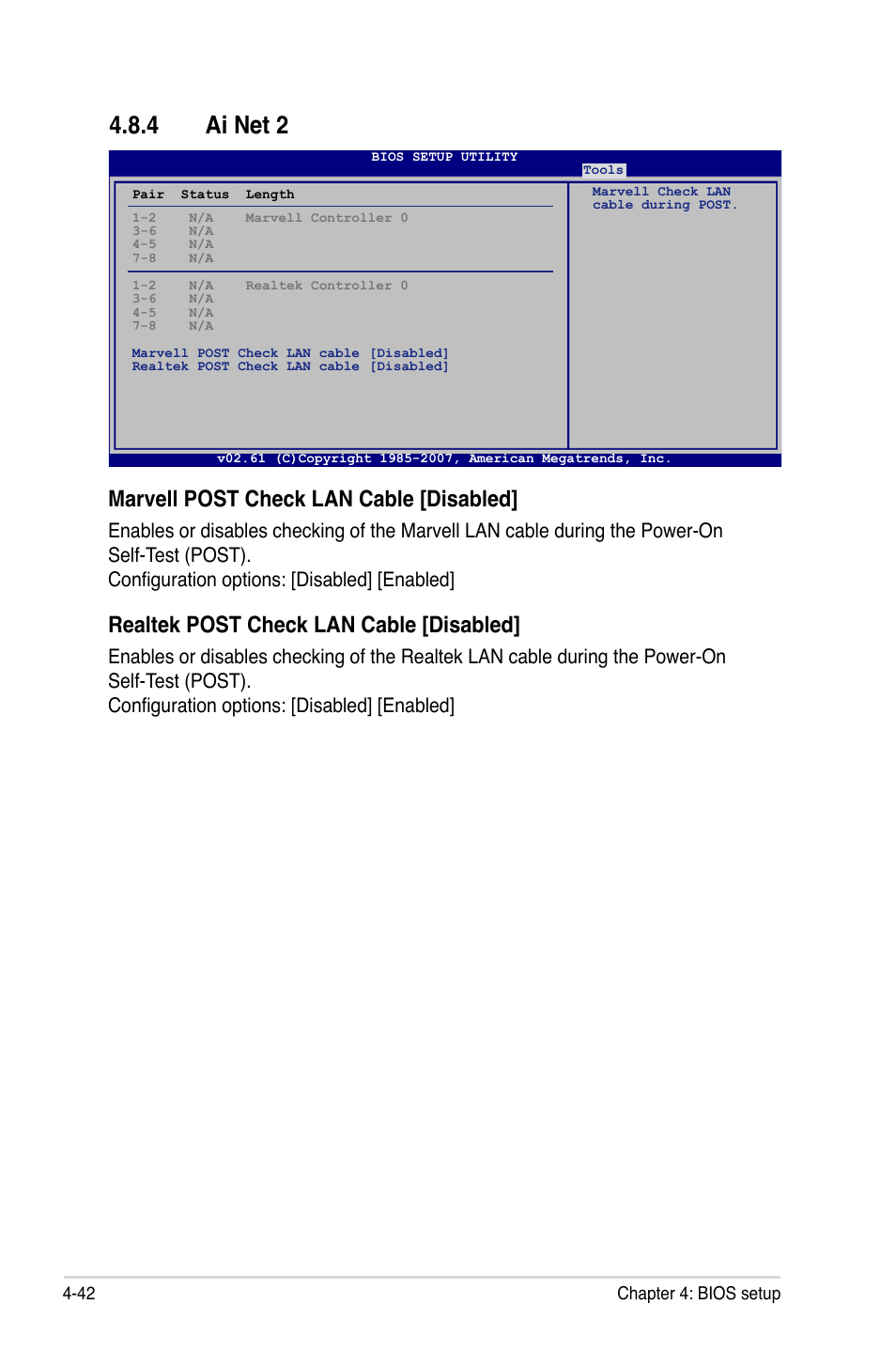 4 ai net 2, Ai net 2 -42, Marvell post check lan cable [disabled | Realtek post check lan cable [disabled | Asus P5E3 Premium/WiFi-AP@n User Manual | Page 114 / 200