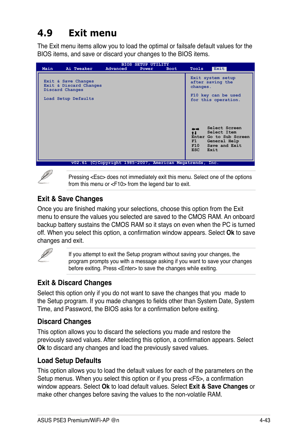 9 exit menu, Exit menu -43, Exit & save changes | Exit & discard changes, Discard changes, Load setup defaults | Asus P5E3 Premium/WiFi-AP@n User Manual | Page 115 / 200