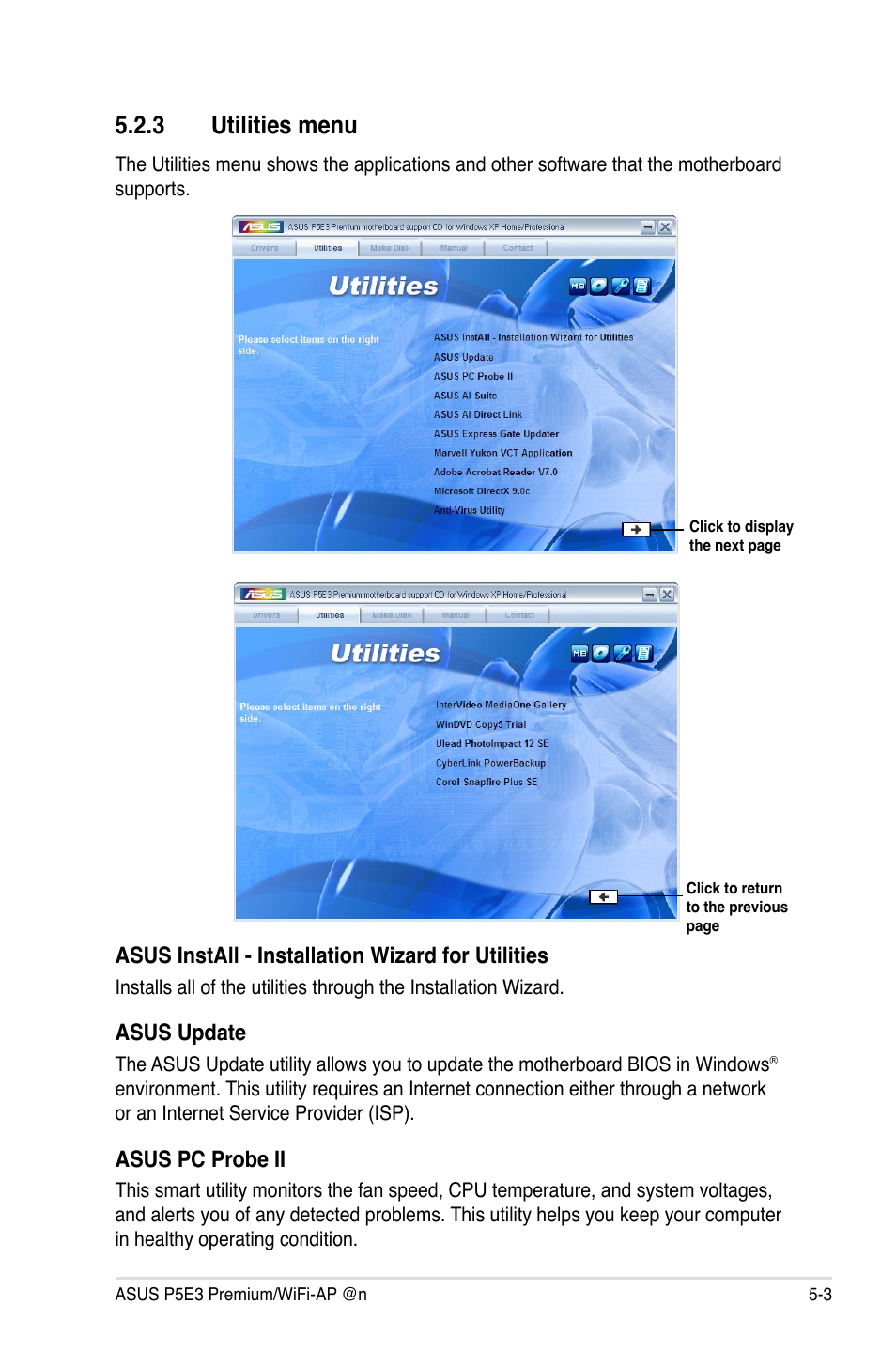 3 utilities menu, Utilities menu -3, Asus install - installation wizard for utilities | Asus update, Asus pc probe ii | Asus P5E3 Premium/WiFi-AP@n User Manual | Page 121 / 200