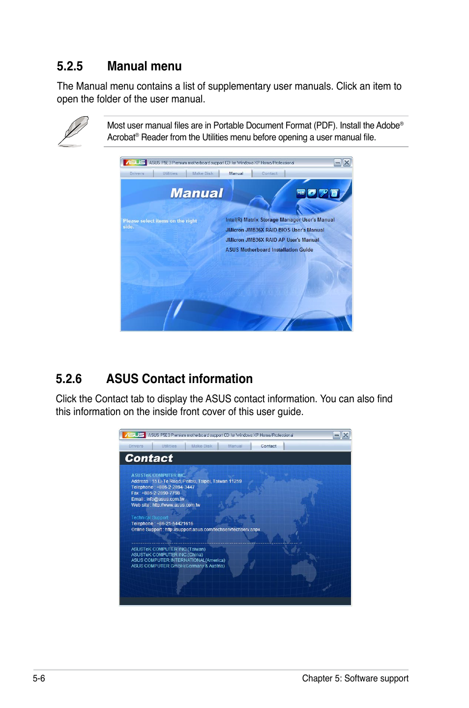 5 manual menu, 6 asus contact information, Manual menu -6 | Asus contact information -6 | Asus P5E3 Premium/WiFi-AP@n User Manual | Page 124 / 200