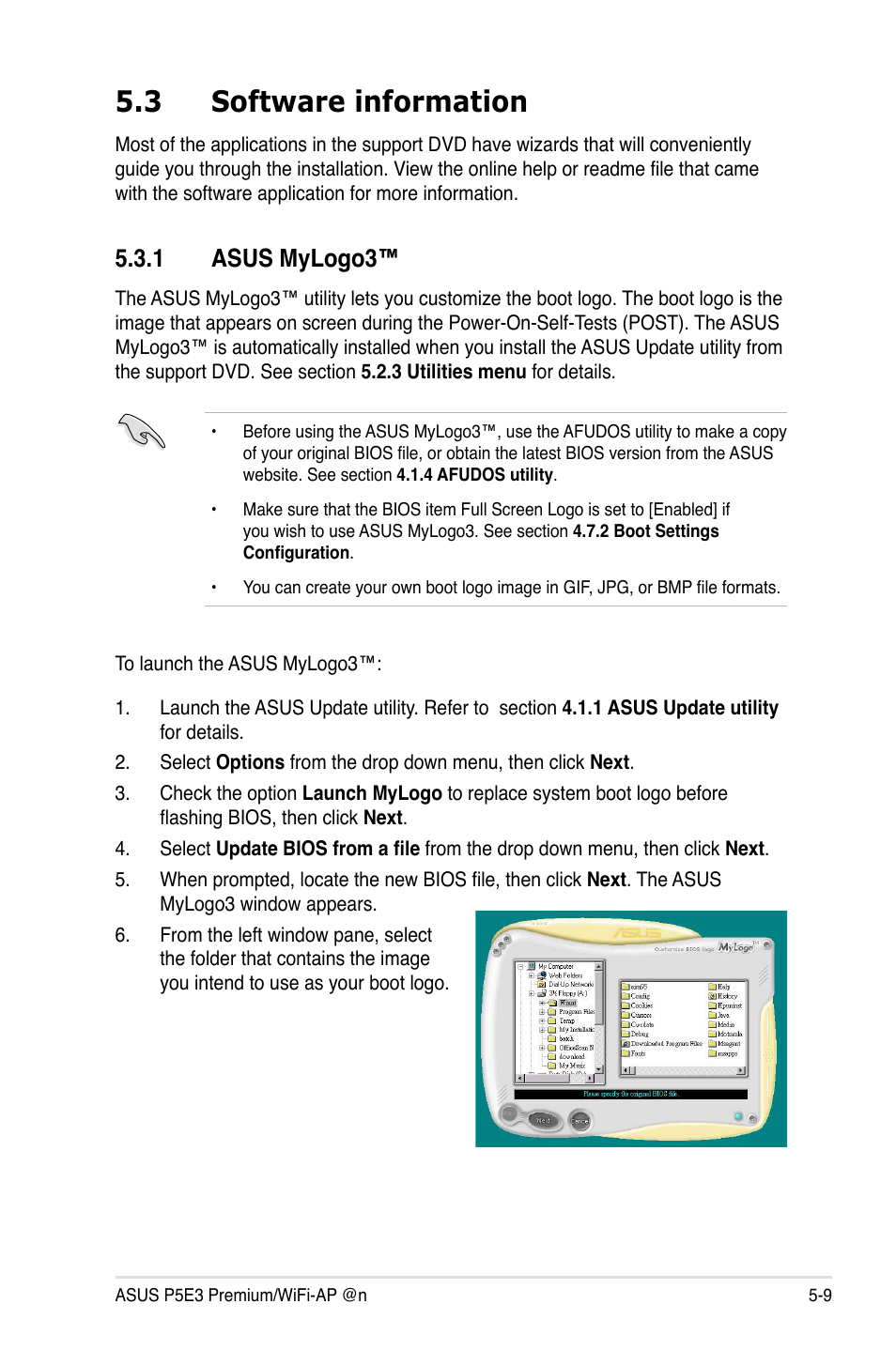 3 software information, 1 asus mylogo3, Software information -9 5.3.1 | Asus mylogo3™ -9 | Asus P5E3 Premium/WiFi-AP@n User Manual | Page 127 / 200