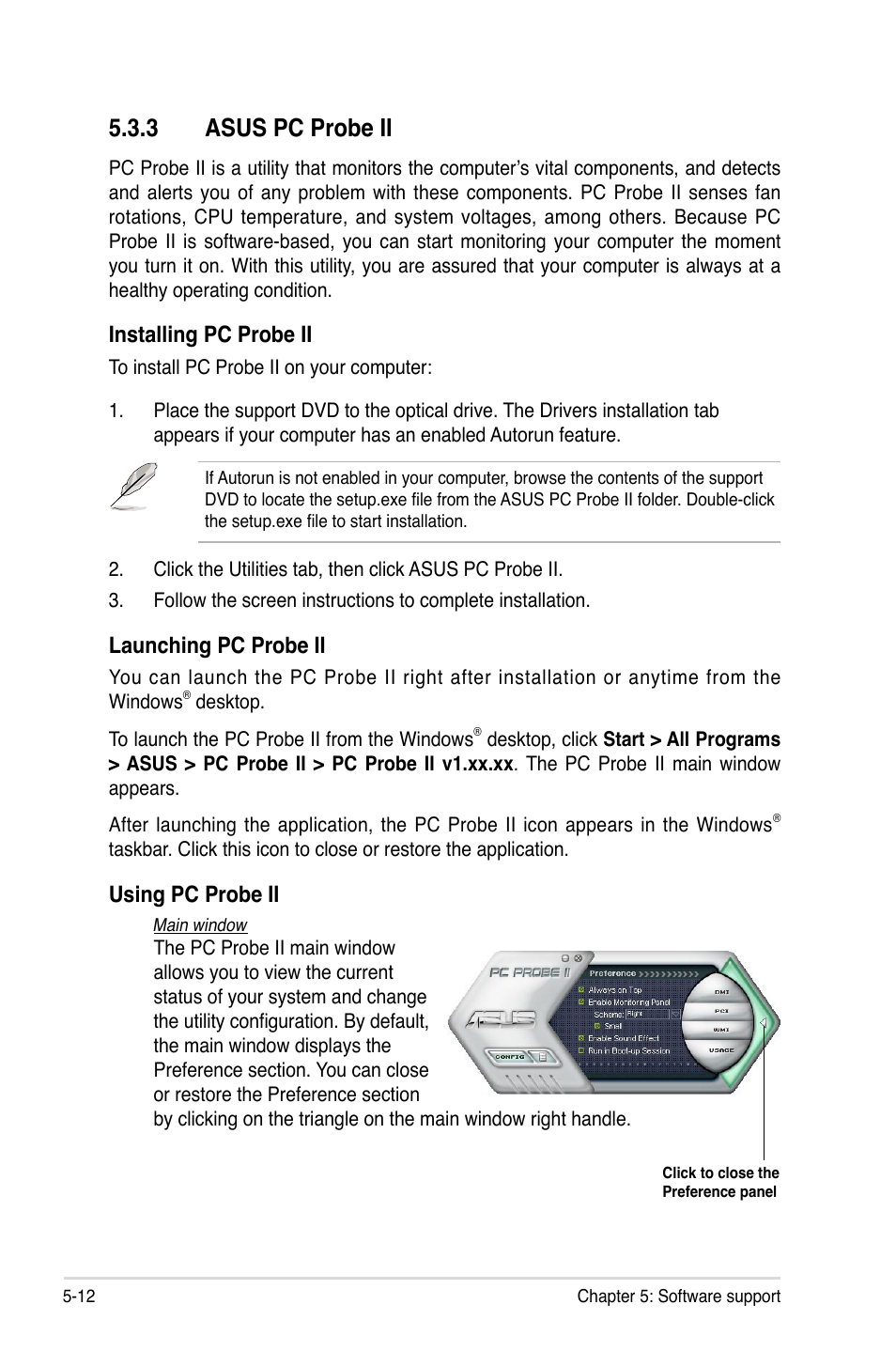 3 asus pc probe ii, Asus pc probe ii -12, Installing pc probe ii | Launching pc probe ii, Using pc probe ii | Asus P5E3 Premium/WiFi-AP@n User Manual | Page 130 / 200