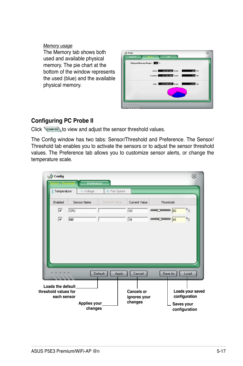 Configuring pc probe ii | Asus P5E3 Premium/WiFi-AP@n User Manual | Page 135 / 200