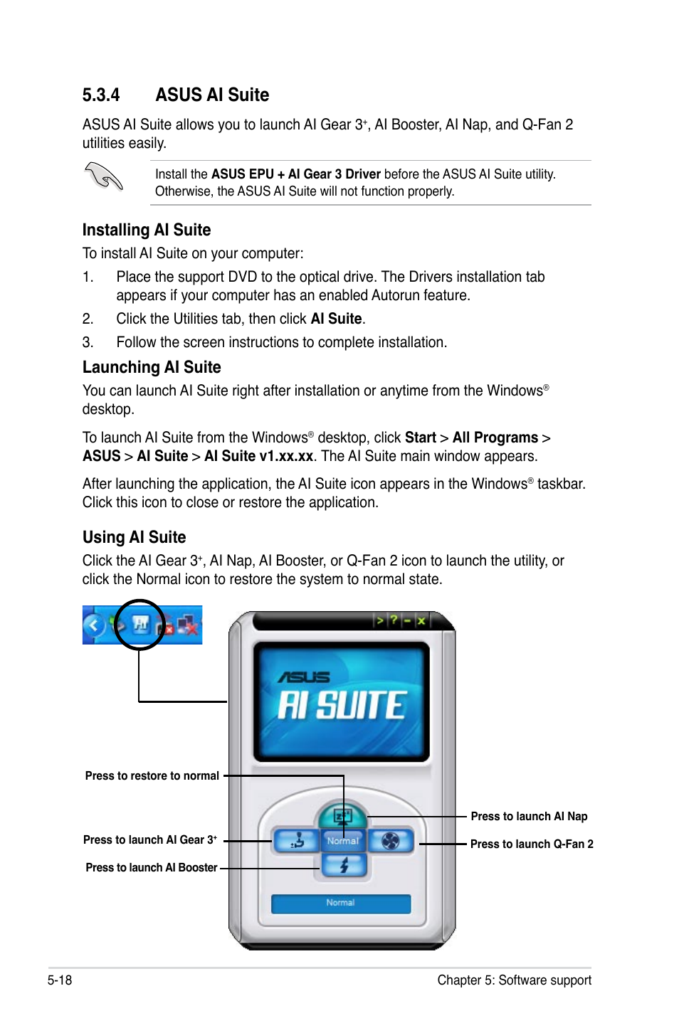 4 asus ai suite, 4 asus ai suite -18, Installing ai suite | Launching ai suite, Using ai suite | Asus P5E3 Premium/WiFi-AP@n User Manual | Page 136 / 200