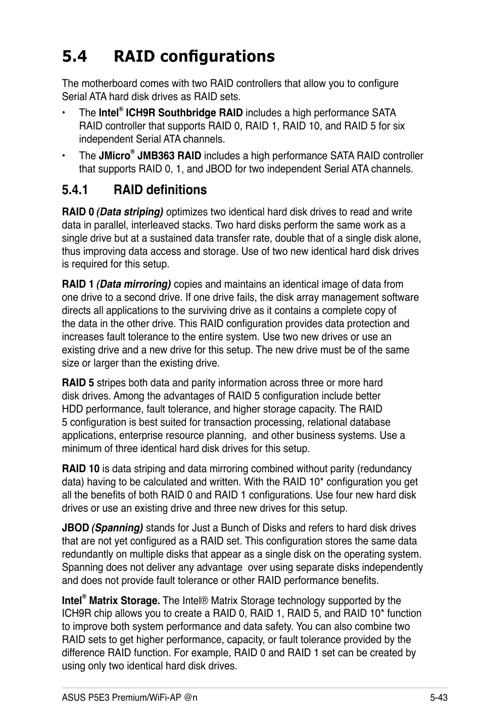 4 raid configurations, 1 raid definitions, Raid configurations -43 5.4.1 | Raid definitions -43 | Asus P5E3 Premium/WiFi-AP@n User Manual | Page 161 / 200