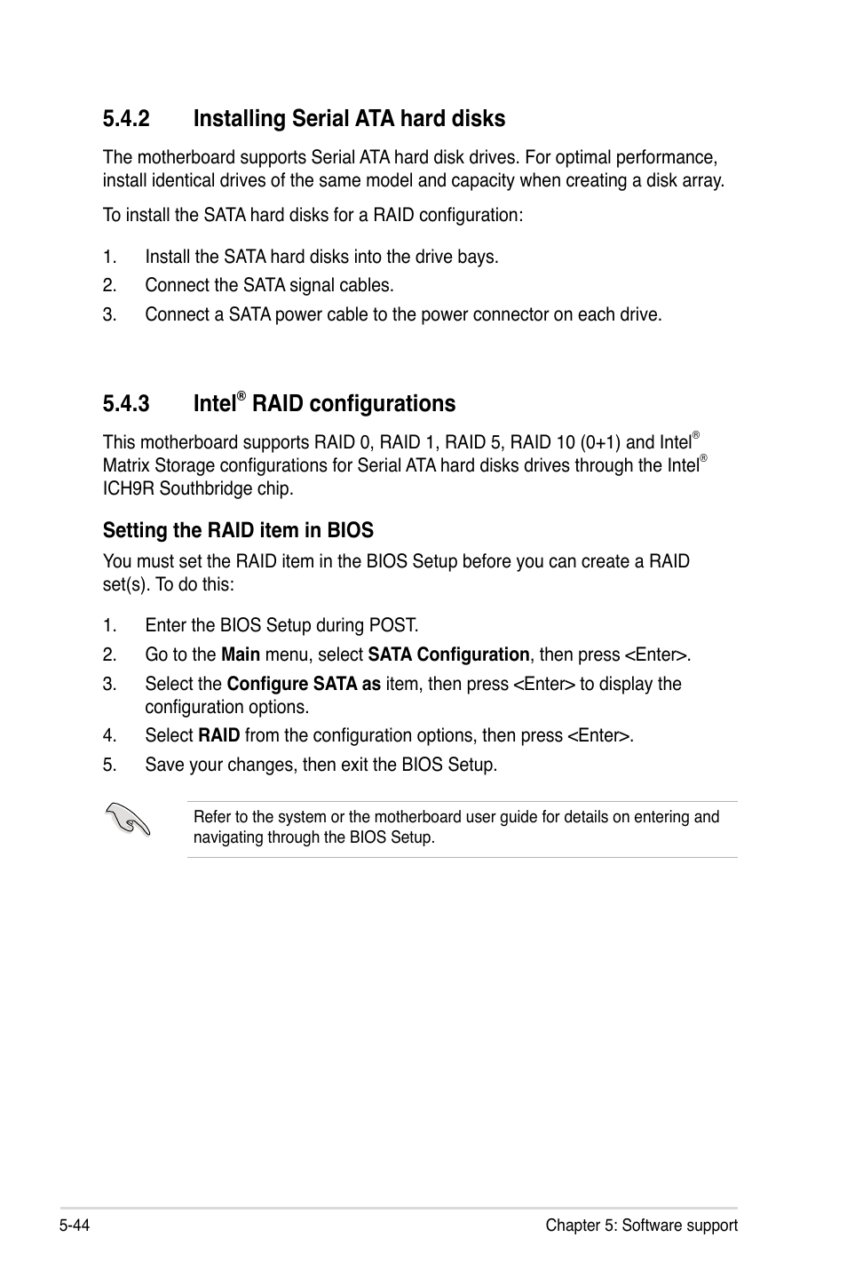 2 installing serial ata hard disks, 3 intel® raid configurations, Installing serial ata hard disks -44 | Intel, Raid configurations -44, 3 intel, Raid configurations | Asus P5E3 Premium/WiFi-AP@n User Manual | Page 162 / 200