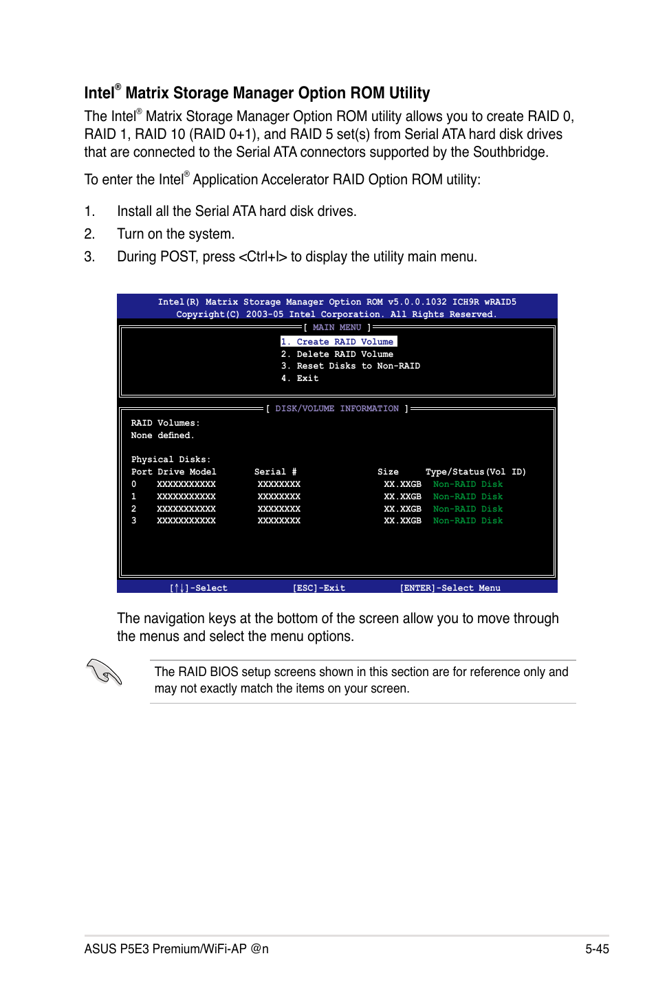 Intel, Matrix storage manager option rom utility, The intel | Asus P5E3 Premium/WiFi-AP@n User Manual | Page 163 / 200