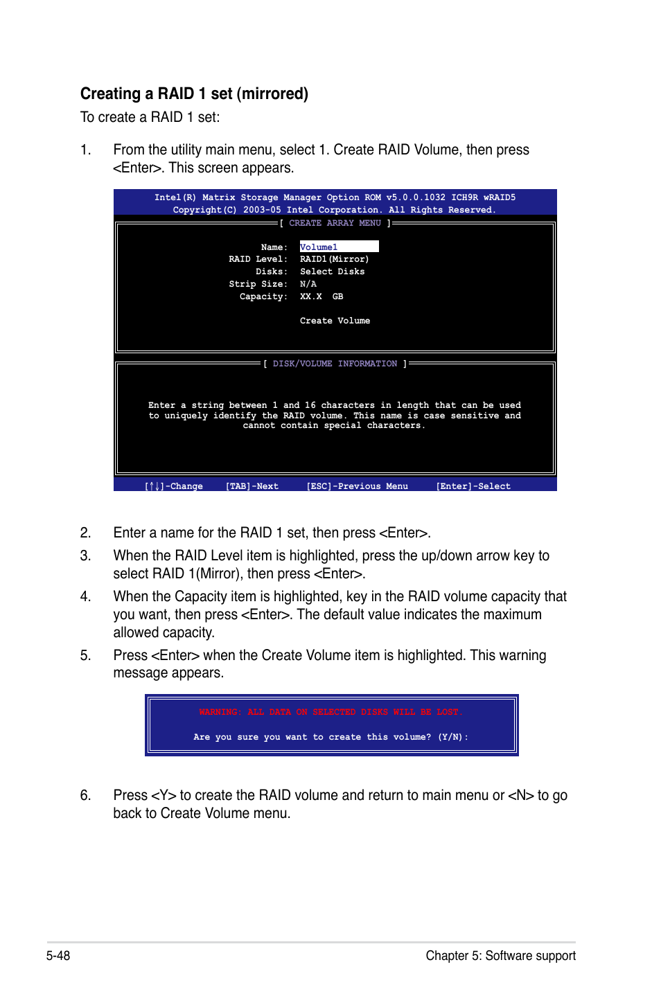 Creating a raid 1 set (mirrored) | Asus P5E3 Premium/WiFi-AP@n User Manual | Page 166 / 200