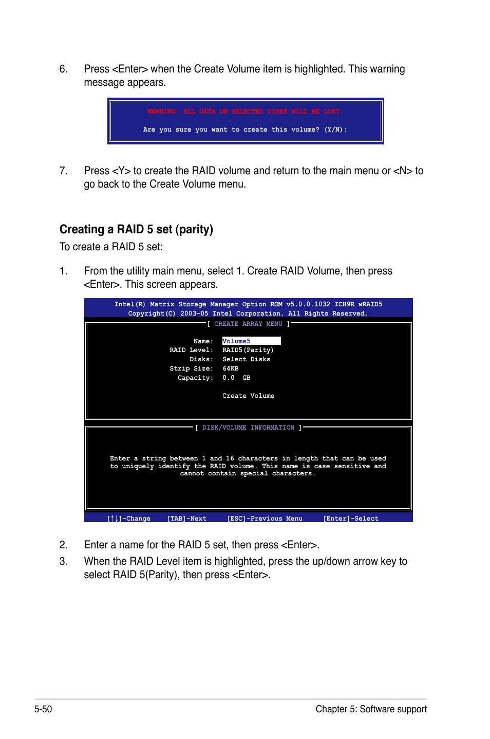 Creating a raid 5 set (parity) | Asus P5E3 Premium/WiFi-AP@n User Manual | Page 168 / 200