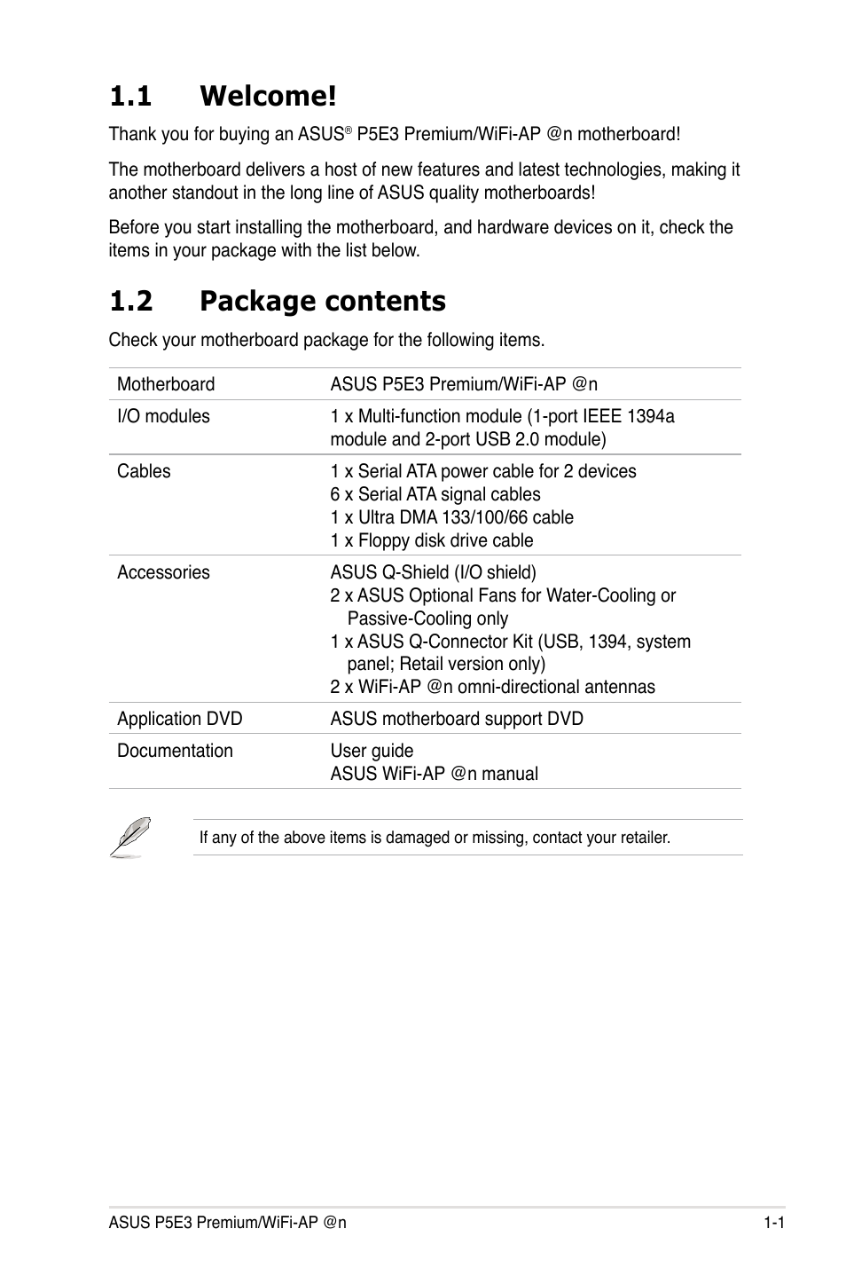 1 welcome, 2 package contents, Welcome! -1 | Package contents -1 | Asus P5E3 Premium/WiFi-AP@n User Manual | Page 17 / 200