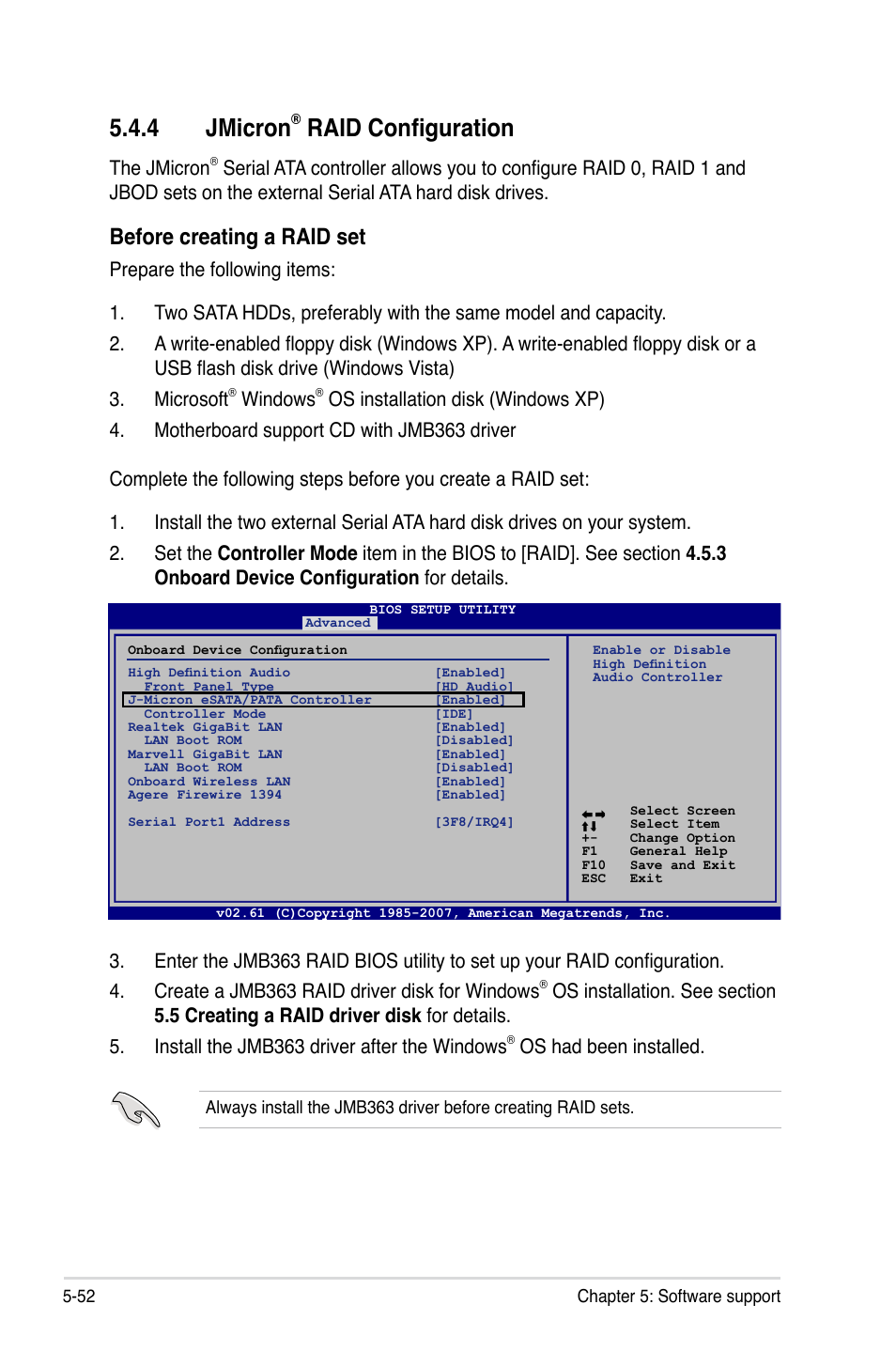 4 jmicron® raid configuration, Jmicron, Raid configuration -52 | 4 jmicron, Raid configuration, Before creating a raid set, The jmicron, Windows, Os had been installed | Asus P5E3 Premium/WiFi-AP@n User Manual | Page 170 / 200