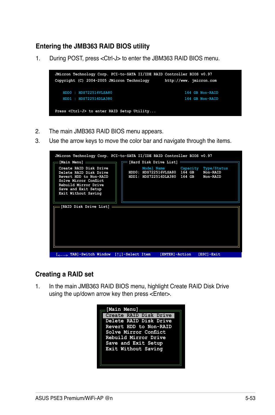 Entering the jmb363 raid bios utility, Creating a raid set | Asus P5E3 Premium/WiFi-AP@n User Manual | Page 171 / 200